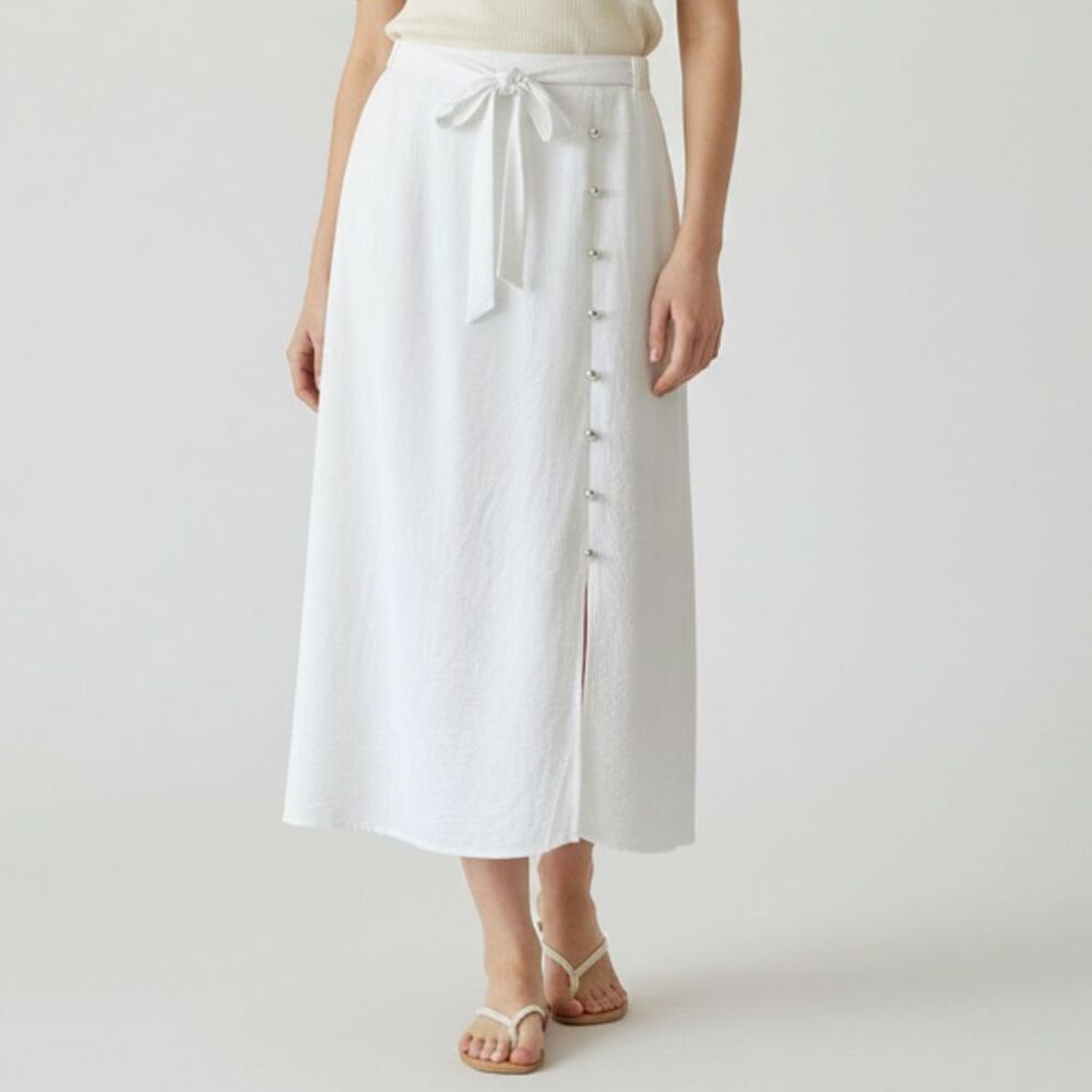 NYCC Women's White Midi Long Button Elastic Waist Tie Front Skirt Size S - Picture 1 of 7